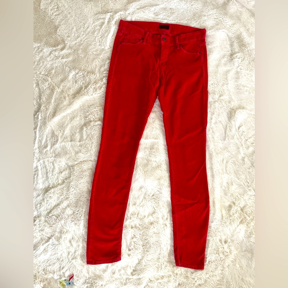 MOTHER corduroy, lightweight, straight leg mid-rise ruby red pants